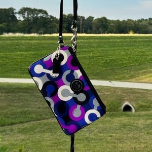 Coach Alex Op Art Purple Multiprint Satin Wristlet